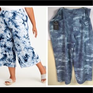 Zac & Rachel Woman NEW Navy Tie Dye Crop Wide Leg Leisure Pants Pockets Stretch